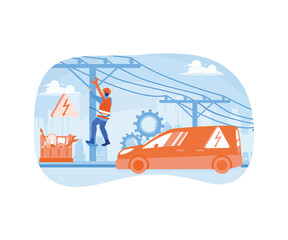 Electrical maintenance. Electrician repairing power grid. Home maintenance concept. Flat vector illustration.