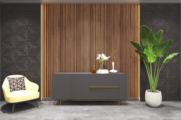 3d render of foyer with laser cut panel, credenza, armchairs, plant. Gray cement floor, wood fluted wall, gray ceiling. Set 11 © asesidea