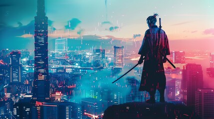 Cybersamurai standing on skyscraper close up, focus on, copy space bold colors, Double exposure silhouette with digital skyline