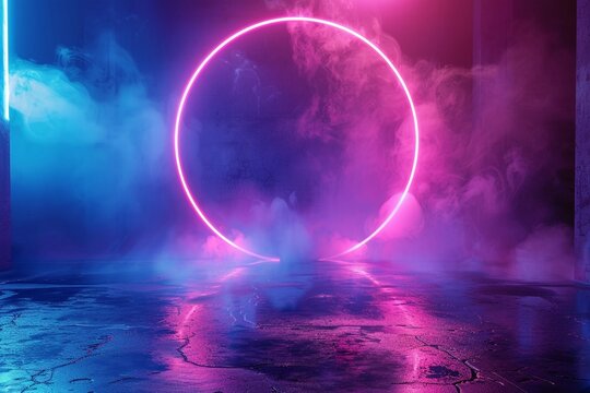 Background of empty stage, room Reflection on wet pavement, concrete Neon blurry lights Neon circle figure in the center, smoke