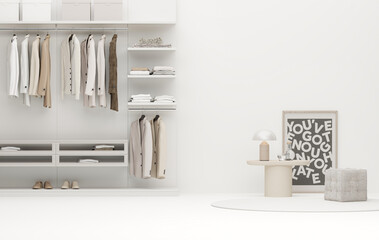 Modern scandinavian white walk in closet with wardrobe. Clothes on a hanger, storage shelf in pastel beige background. 3d rendering, concept for shopping store and bedroom, studio, life style
