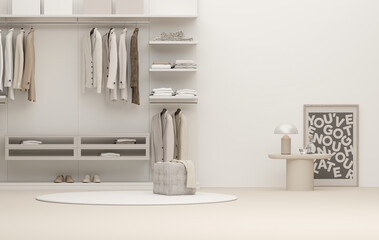 Modern scandinavian white walk in closet with wardrobe. Clothes on a hanger, storage shelf in pastel beige background. 3d rendering, concept for shopping store and bedroom, studio, life style
