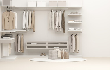 Modern scandinavian white walk in closet with wardrobe. Clothes on a hanger, storage shelf in pastel beige background. 3d rendering, concept for shopping store and bedroom, studio, life style
