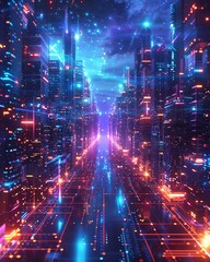 Obraz premium Vector illustration urban architecture, cityscape with space and neon light effect Modern hitech, science, futuristic technology concept Abstract digital high tech city design for banner background