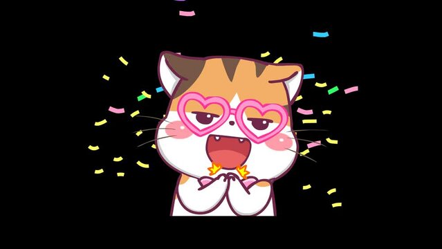 Orange cat clapping with congratulations and falling golden ribbons - Transparent Background