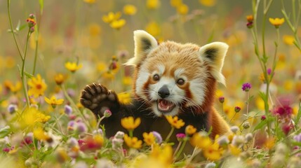 Red panda frolics in a colorful flower field