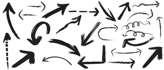grunge arrow . Set of black hand drawn grunge doodle spiral and curved charcoal, chalk arrows on white background. Scribble symbols of direction pointers, swirl arrow elements for infographic design.