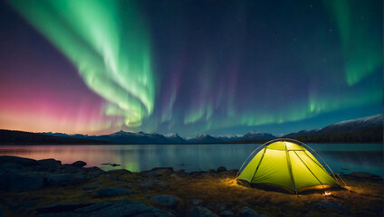 A glowing tent by a calm tranquil lake with the beautiful northern lights dancing in the sky