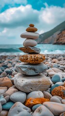 Balanced stack of rocks on the beach, representing tranquility, harmony and balance in life.