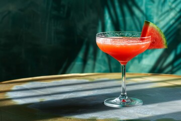 A watermelon margarita in a coupe glass is placed on a table
