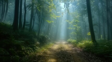 Fototapeta premium Sunbeams pierce through a misty forest path