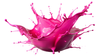 Bright Pink Splash – Playful Burst: A playful pink liquid splash bursting outward, ideal for fun and cheerful compositions, isolated on a white background.
