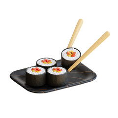 3d Chopsticks in sushi on a plate. Perfect for restaurant menus, food blogs, Asian cuisine illustrations, culinary design projects.