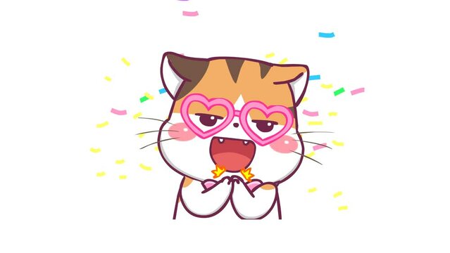 Orange cat clapping with congratulations and falling golden ribbons - White Background