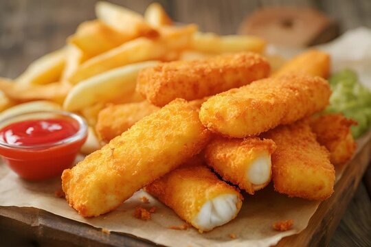 A pile of fish sticks covered in golden and crispy breadcrumbs and French fries 