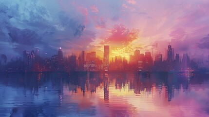 Naklejka premium colorful skyline, sunrise view with pastel tones, soft lighting, serene atmosphere