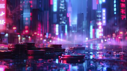 Obraz premium cyber finance, digital landscape with virtual coins, bright hues, modern aesthetics