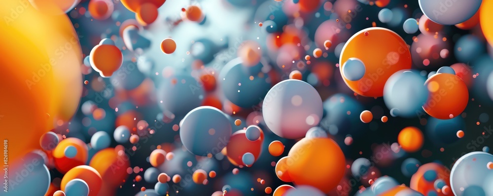 Poster a 3d abstract background featuring a chaotic array of floating spheres and cylinders