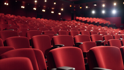 red plush theater seatswith bright lights.