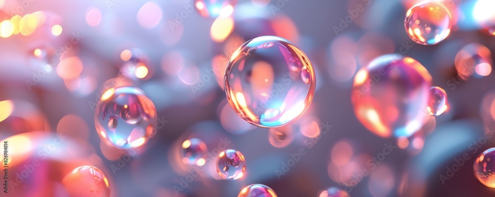 Poster a 3d abstract background featuring floating, reflective orbs in a gradient of colors