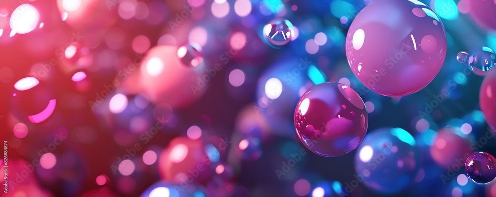 Poster a 3d abstract background featuring floating, reflective orbs in a gradient of colors