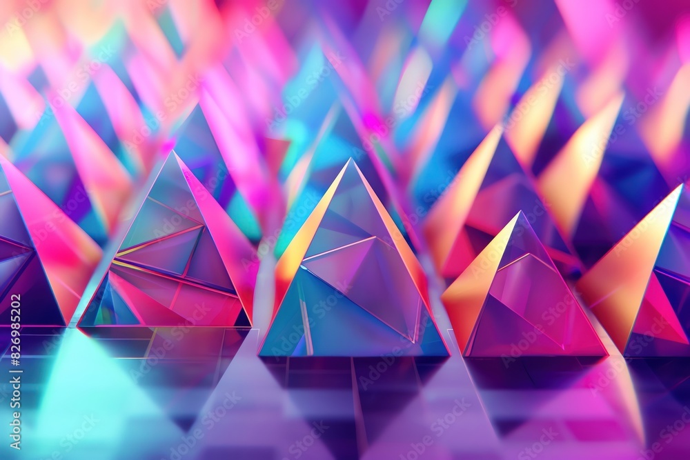 Poster a 3d abstract background with a grid of floating, rotating pyramids in vibrant colors