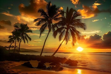 Palm trees silhouette against a dramatic sunset Tropical serenity Peaceful evening landscape
