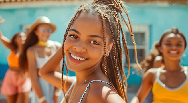 diverse teens dancing with braids hairstyle