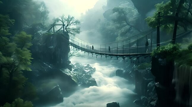 rope bridge straddling a fast-flowing river with an expedition team walking carefully over it, symbolizing the start of the challenge