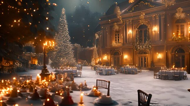 winter wonderland scene with Octane render, crafting Sinterklaas themed visuals featuring snowy holiday wedding venues, festive holiday reception settings, and cheerful holiday-themed entertainment