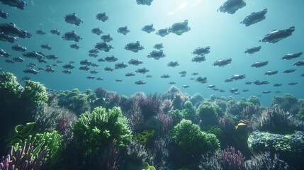 A vast network of underwater AI-controlled drones mapping and monitoring the health of coral reefs...