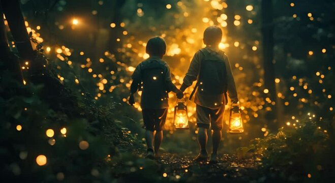 nighttime forest adventure in Japan with children exploring with lanterns, fireflies illuminating the surroundings. High detail, hyper quality, high resolution