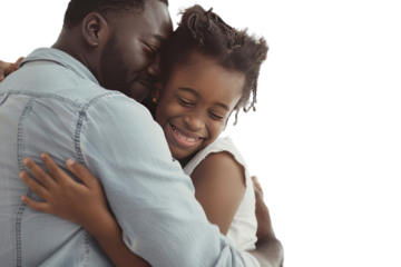Young black family hugging each other on a white background