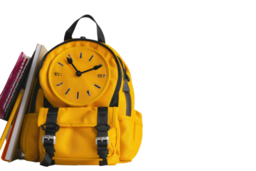 Yellow backpack with alarm clock and school supplies Back to school concept