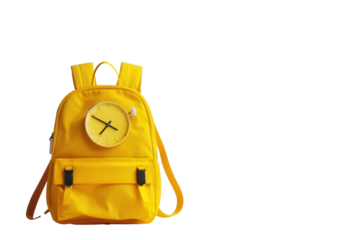 Yellow backpack with alarm clock and school supplies Back to school concept