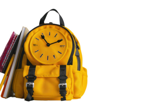 Yellow backpack with alarm clock and school supplies Back to school concept