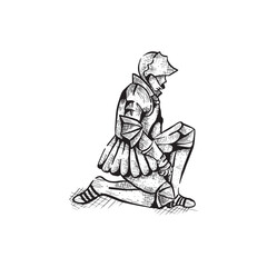 Hand drawn brave kneeling spartan army isolated on white background