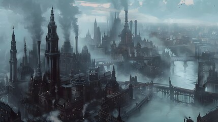 Gloomy Futuristic Cityscape with Towering Spires and Billowing Smoke