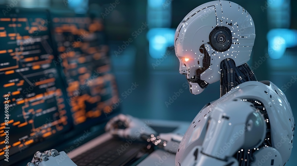 Poster futuristic robot analyzing complex data on digital dashboard