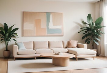 A modern, minimalist living room with a beige sofa, a wooden coffee table, and various decorative elements such as plants and wall art