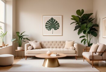 A modern, minimalist living room with a beige sofa, a wooden coffee table, and various decorative elements such as plants and wall art
