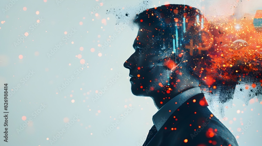 Poster digital portrait of visionary mind exploding with creativity and potential