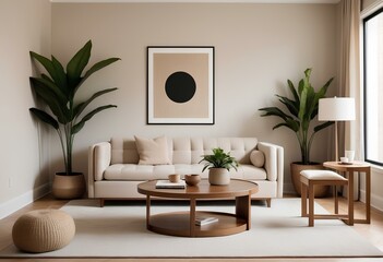 A modern, minimalist living room with a beige sofa, a wooden coffee table, and various decorative elements such as plants and wall art