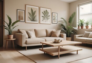 A modern, minimalist living room with a beige sofa, a wooden coffee table, and various decorative elements such as plants and wall art