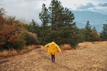 A solitary traveler in a vibrant yellow raincoat strolls along a forested path with scenic hills in the background