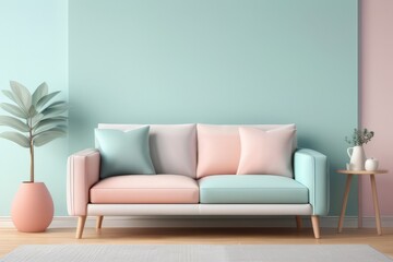 3d multicolored sofa, , pastel colors, gradient background.