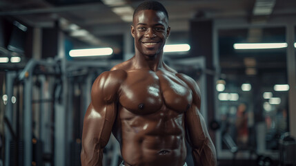 Bodybuilder, embossed muscles, torso bare to the waist, wearing sports shorts