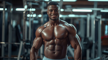 A young black muscular man, embossed muscles, torso bare to the waist