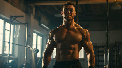 A young man with muscular fitness body at GYM