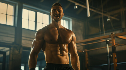 A bodybuilder, embossed muscles, torso bare to the waist, wearing sports shorts. The bodybuilder is young, attractive, has short hair, and smiles